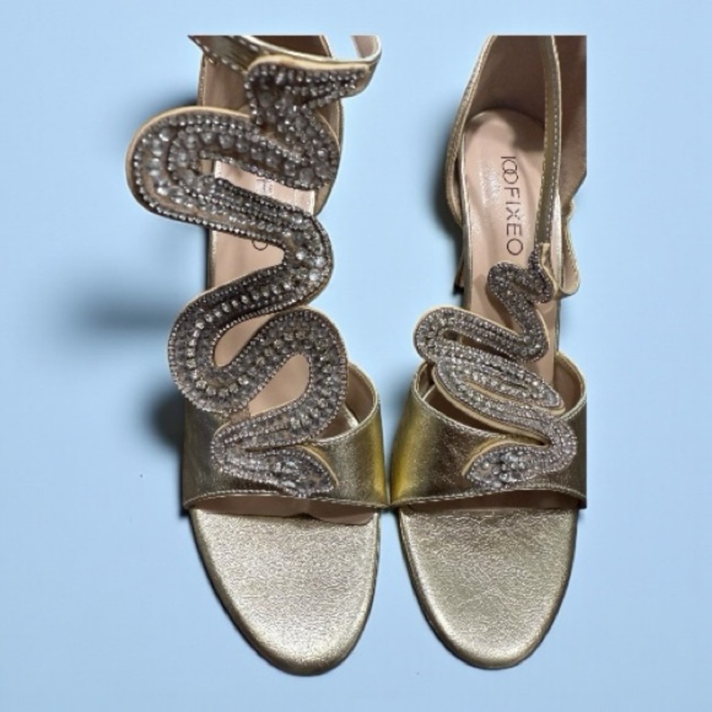 Gold Sandals with Rhinestone Snake Design